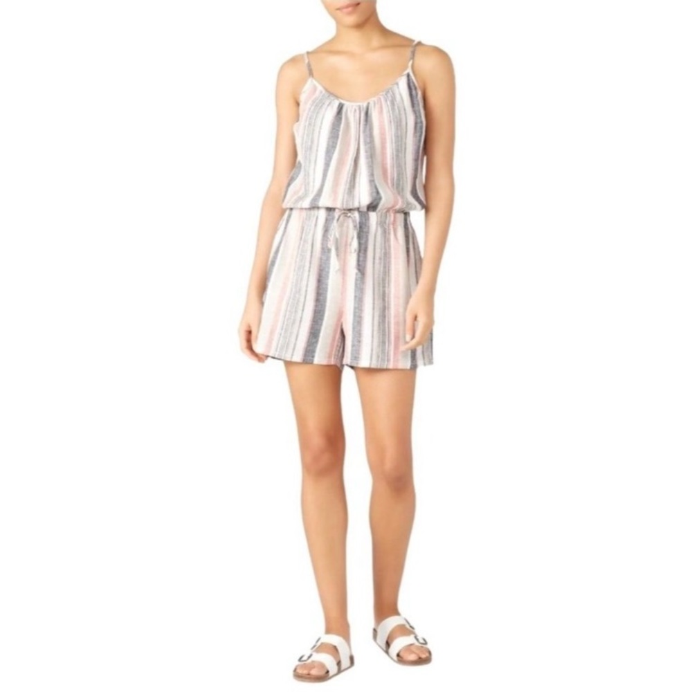 Fifteen Twenty Black Pink And Tan Striped Tie Waist‎ Linen Blend Romper, Size XS